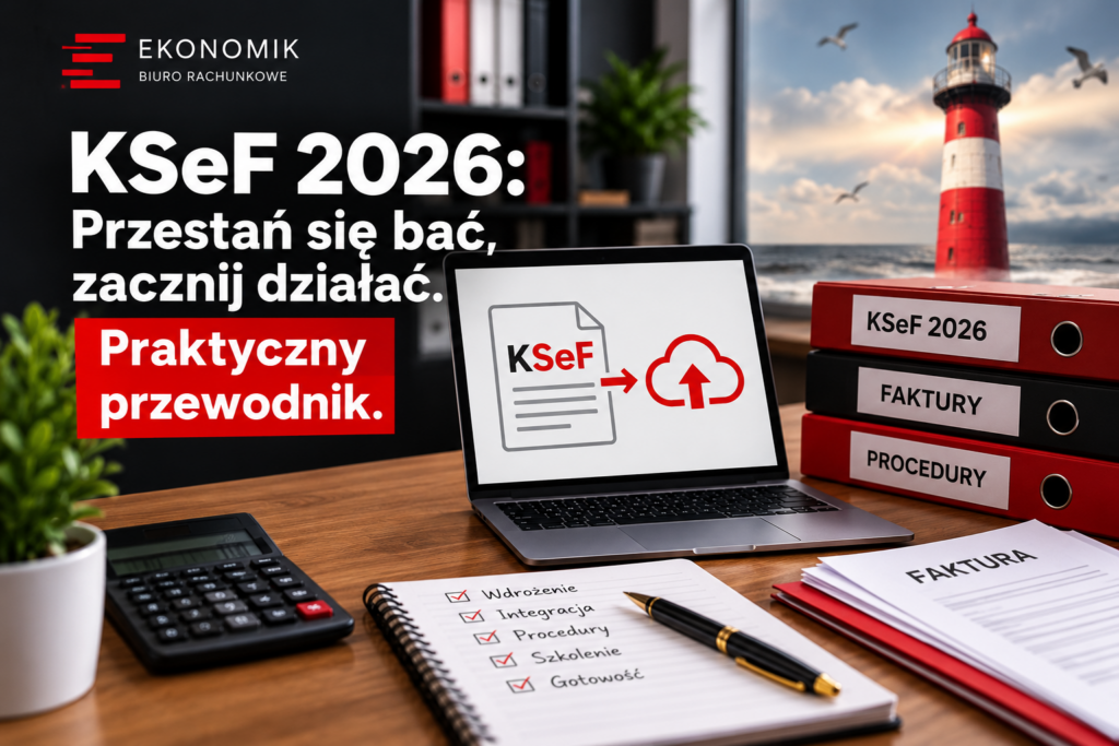 Grafika KSeF 2026 przedstawiająca laptop z elektroniczną fakturą, dokumenty firmowe i latarnię symbolizującą wsparcie przedsiębiorców.