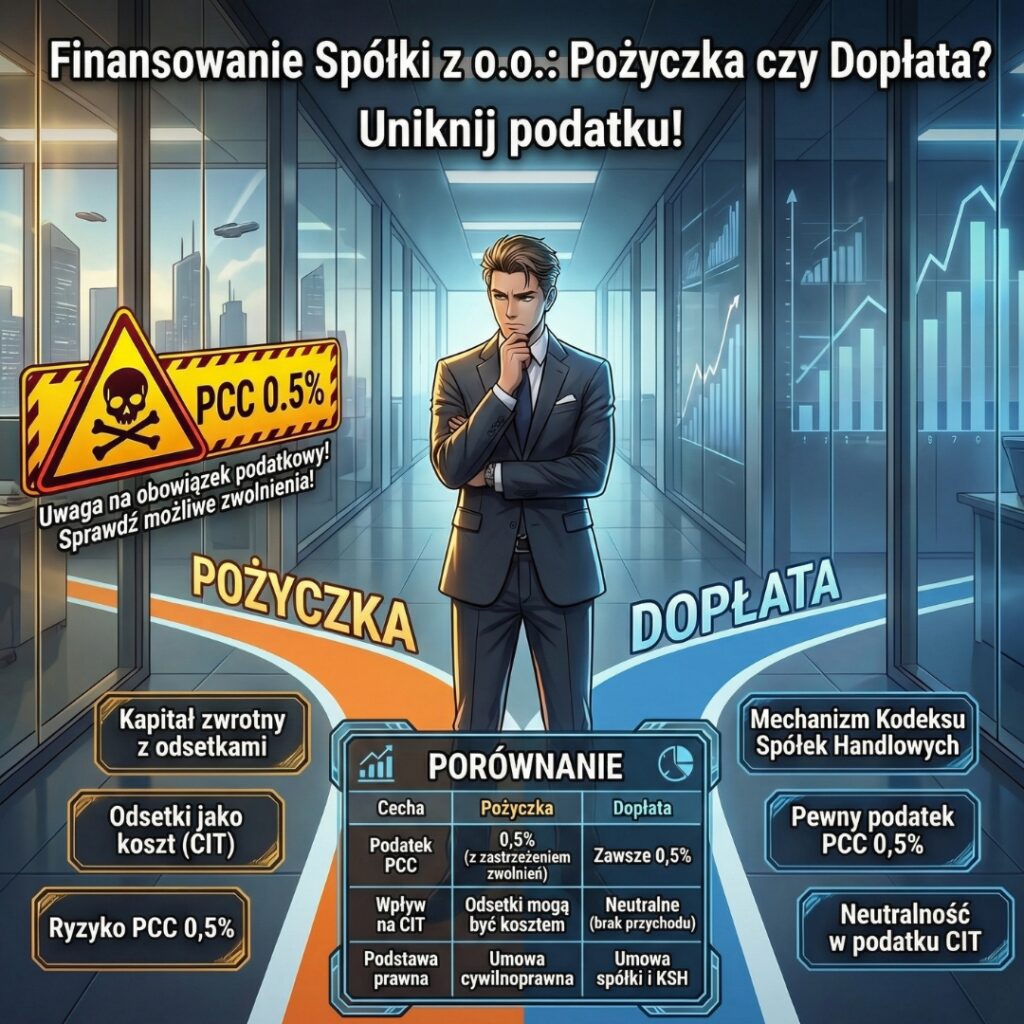 Postać w stylu anime stojąca na rozwidleniu dróg: jedna ścieżka to "Pożyczka" (oznaczona podatkiem PCC), druga to "Dopłata" (bezpieczna podatkowo). Wizualizacja dylematu wspólnika spółki z o.o. EKONOMIK Poznań.