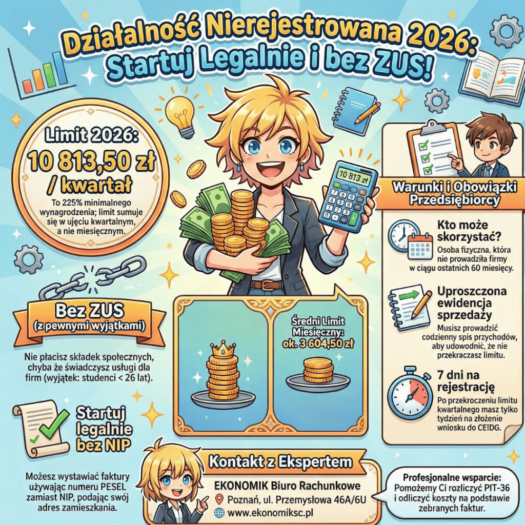 Postać w stylu anime z kalkulatorem pokazująca nowy kwartalny limit przychodu 10 813 zł w działalności nierejestrowanej w 2026 roku. Biuro Rachunkowe EKONOMIK.