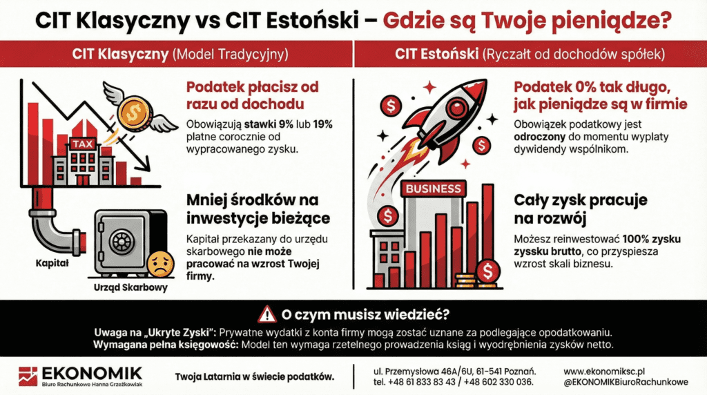 Infografika porównująca przepływ gotówki w spółce na CIT klasycznym i CIT Estońskim. Wykres pokazuje, że przy ryczałcie estońskim podatek wynosi 0% w momencie reinwestycji zysku. Schemat opracowany przez Biuro Rachunkowe EKONOMIK w Poznaniu.