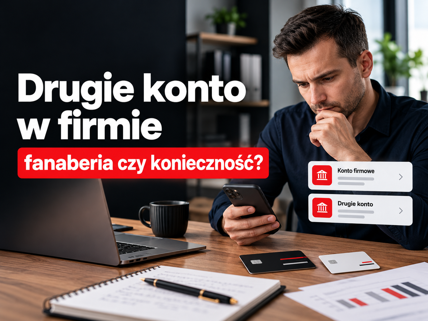 Drugie konto w firmie – przedsiębiorca przy biurku analizuje konto firmowe i dokumenty finansowe