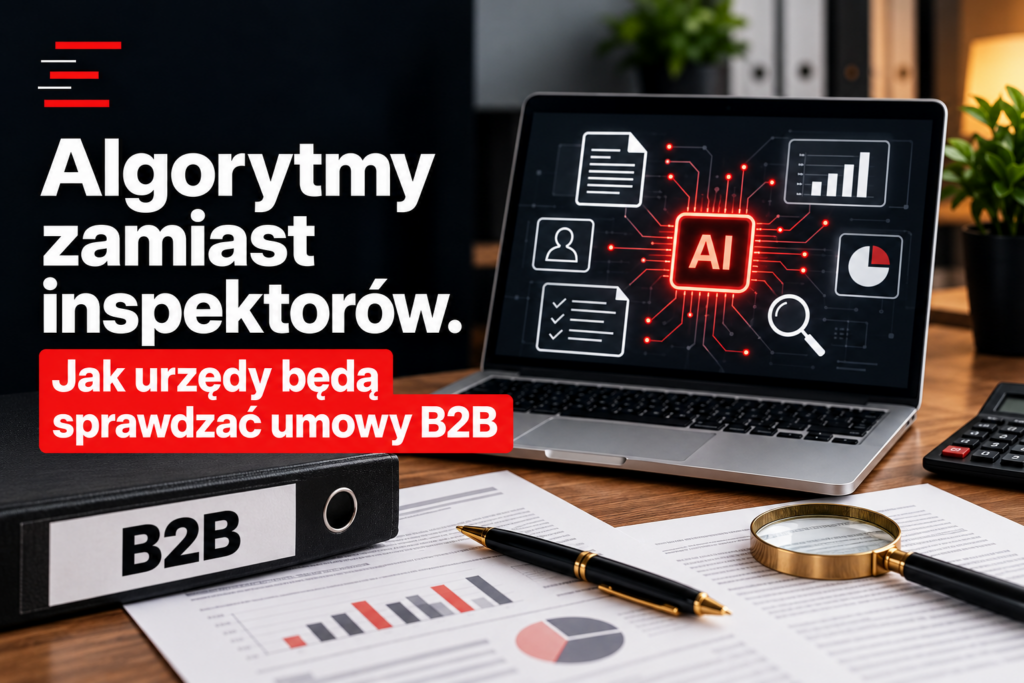 Algorytmy kontroli umowy B2B – laptop z systemem AI analizującym dokumenty, wykresy i dane przedsiębiorców.